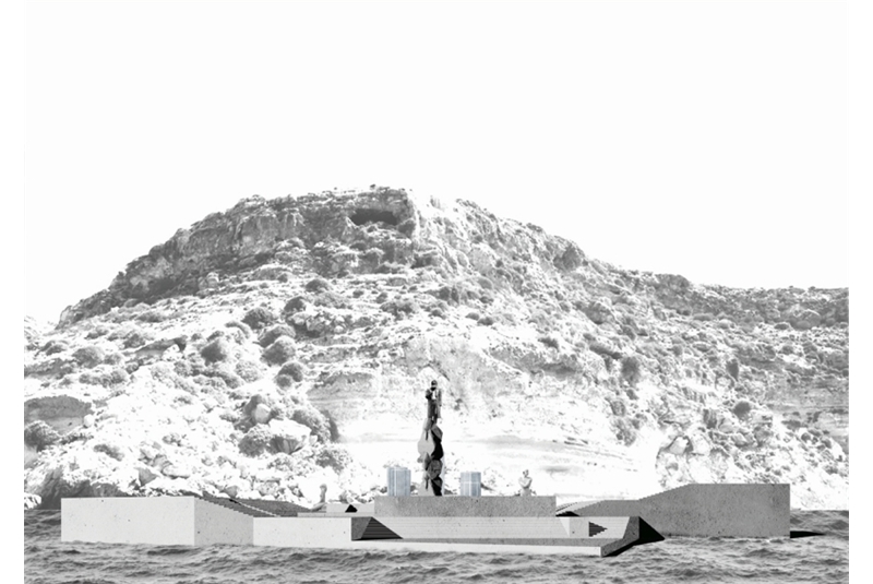 Fig. 3
L’approdo al monumento dal
mare. In primo piano la presenza
del Capitán Nemo. In secondo
piano le figure di Paula, Vida
e Ofrenda. Fig. 3
L’approdo al monumento dal
mare. In primo piano la presenza
del Capitán Nemo. In secondo
piano le figure di Paula, Vida
e Ofrenda.