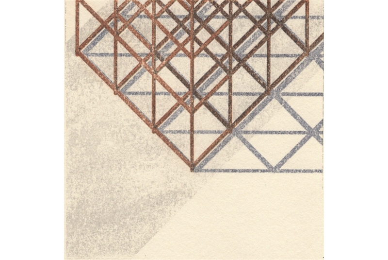 Fig. 10
Dettaglio
giunzione tra la rete e le
fondazioni; vista assonometrica
dall&rsquo;alto. Stampa con solvente.