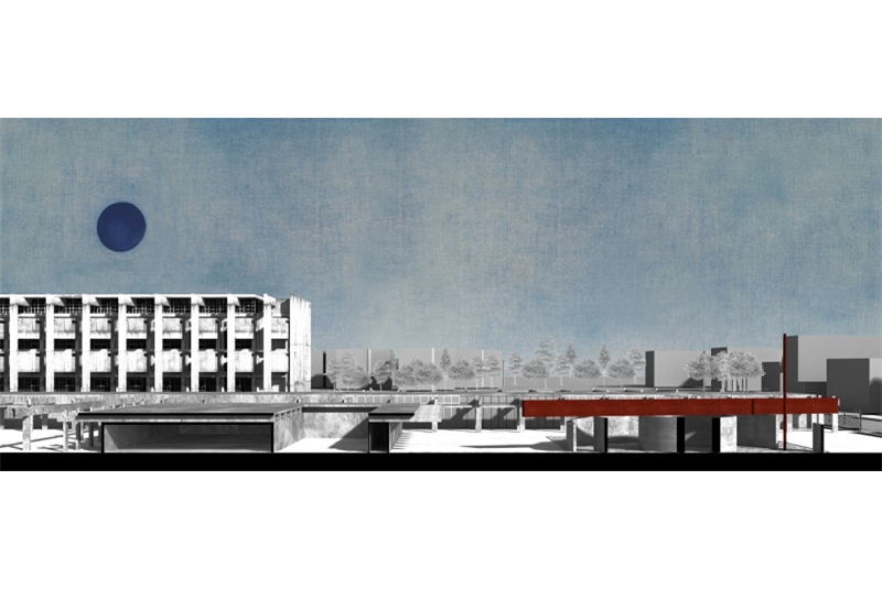 Fig. 7 Perspective section transverse to the volume originally intended for 'Guesthouse and psychotechnical center'.