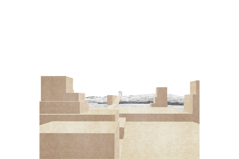 Fig. 12
Perspective views of the monument/
memorial, towards the mainland
and towards the horizon.