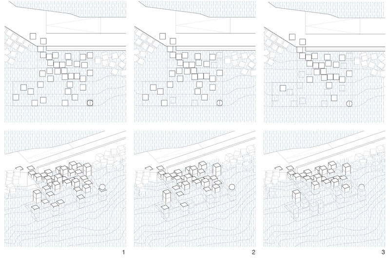 Fig. 5
Piante e assonometrie delle possibili
configurazioni al variare del
livello dell&rsquo;acqua: 1. condizione
bassa marea (q. -0,50 m); 2.
condizione livello medio dell&rsquo;acqua
(q. &plusmn;0,00 m); 3. condizione
alta marea (q. +0,50 m).