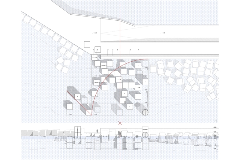 Fig. 3
Plan (average water level condition
(q. &plusmn;0.00 m) and elevation
of the Monument-memorial
on the Favarolo pier.