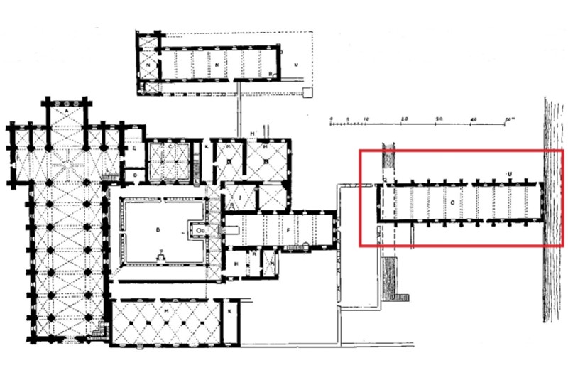 Fig. 2
Planimetria dell’abbazia di Fossanova, inizio XIII secolo (da C. Enlart, Origines françaises de l’architecture gothique en Italie, Paris 1894, p. 26); in evidenza, l’infermeria dei conversi, staccata dagli spazi riservati ai monaci, adiacente all’acqua. Fig. 2