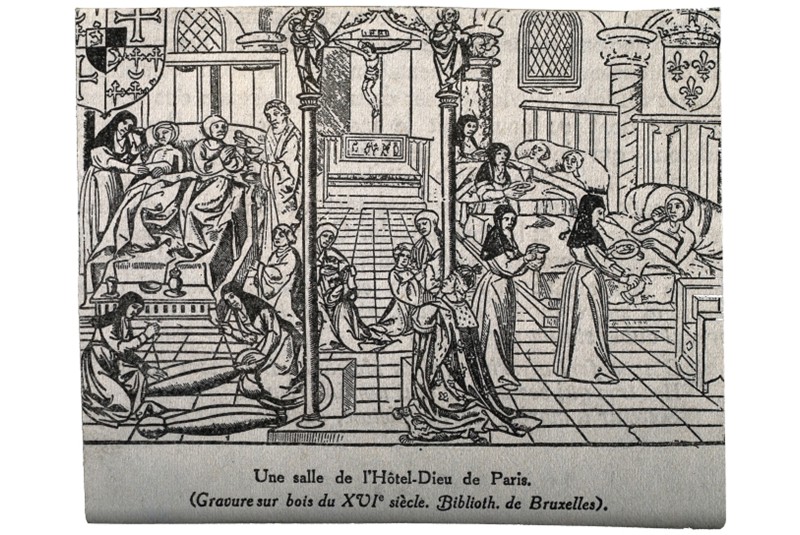 Fig. 9
Parigi, Hôtel-Dieu, incisione su legno, circa 1500 (https://iiif.wellcomecollection.org/image/V0014307/full/full/0/default.jpg).