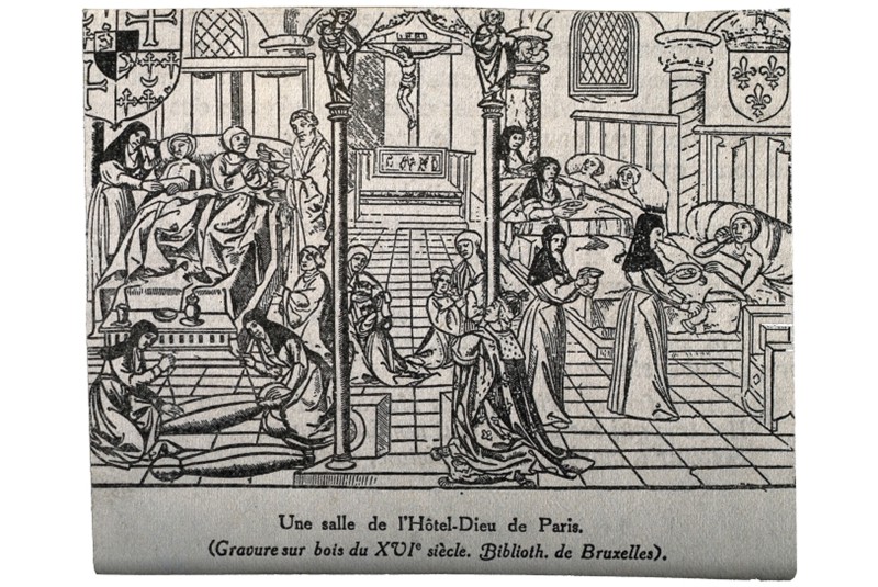 Fig. 9
Parigi, H&ocirc;tel-Dieu, wood engraving, circa 1500 (https://iiif.wellcomecollection.org/image/V0014307/full/full/0/default.jpg).