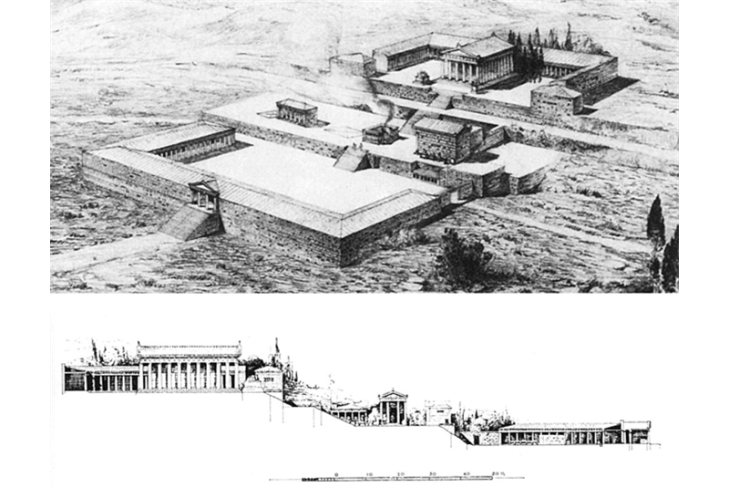 Fig. 9,11 - Asklepeion di Kos, V a.C.-III d.C. Ricostruzione e sezione / Asklepeion of Kos, 5th BC-3rd AD Reconstruction and section.