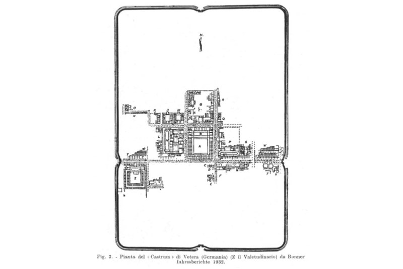 Fig. 16 - Pianta del Castrum di Vetera in Germania. Il Valetudinario &egrave; contrassegnato con la lettera &ldquo;Z&rdquo; / Plan of castrum of Vetera in Germany. Valetudinario is marked with the letter &ldquo;Z&rdquo;.