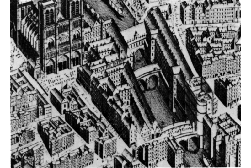 Fig. 25 - Veduta della cattedrale di Notre Dame e dell'Hôtel-Dieu prima dell'incendio del 1772 / View of Notre Dame Cathedral and the Hôtel-Dieu before the fire of 1772.
