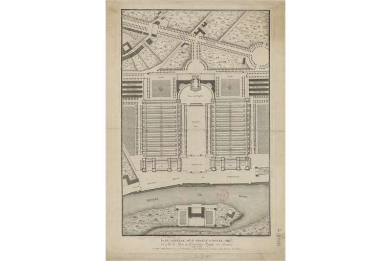 Fig. 52 - M. Le Roy, Plan général d'un projet d'Hôtel-Dieu, Parigi, 1773. 