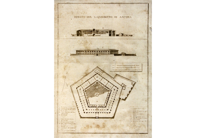 Fig. 66 - Luigi Vanvitelli, Lazzaretto di Ancona, 1733. Sezione, prospetto e pianta / Section, elevation and plan.