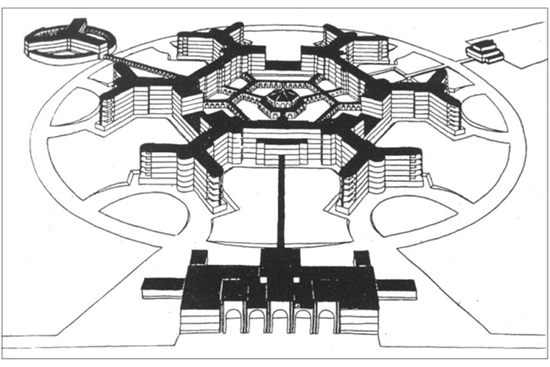 Figg. 79 -
Ing. Angelo Bordoni, Ospedale di Brescia, 1938. Prospettiva / Brescia Hospital. Perspective.