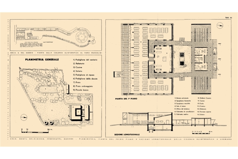Fig. 86
- In alto a sinistra Enrico Del Debbio, Colonia elioterapica al Foro Mussolini, Roma, 1933-35.
BBPR, Colonia elioterapica di Legnano, 1937-38 / Top left Enrico Del Debbio, Heliotherapy colony at the Foro Mussolini, Rome, 1933-35.
BBPR, Heliotherapy colony of Legnano, 1937-38.