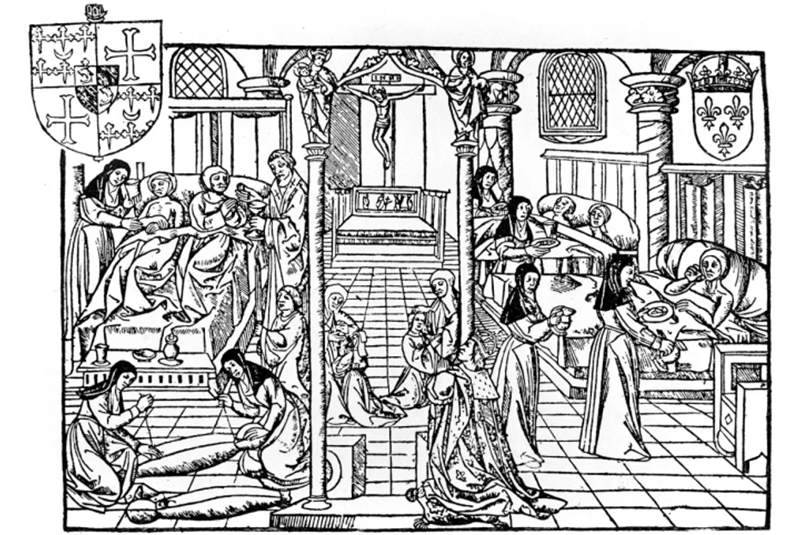 Fig. 24
- H&ocirc;tel-Dieu, Parigi. Raffigurazione di una sala in una stampa del XVI secolo / H&ocirc;tel-Dieu, Paris. Depiction of a room in a 16th century print.