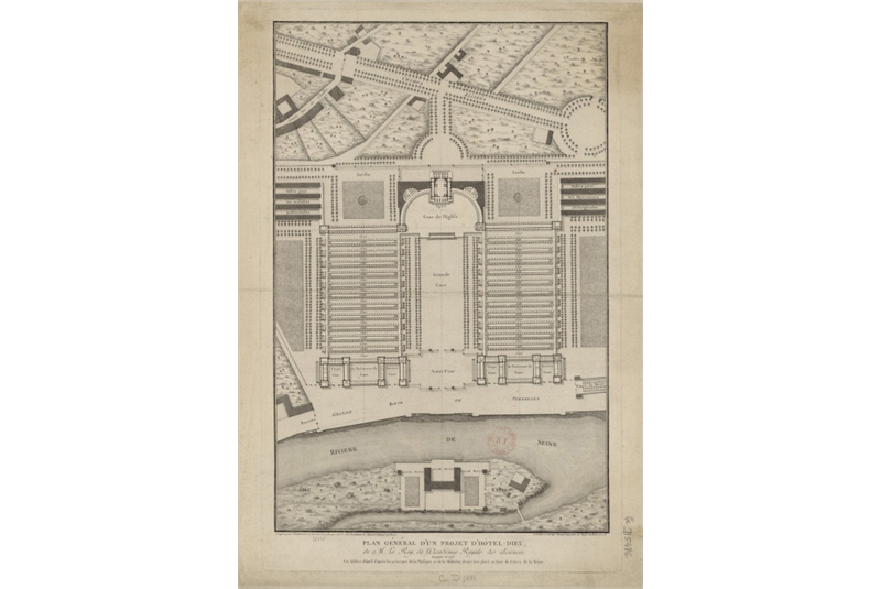 Fig. 52 - M. Le Roy, Plan g&eacute;n&eacute;ral d'un projet d'H&ocirc;tel-Dieu, Parigi, 1773. 
