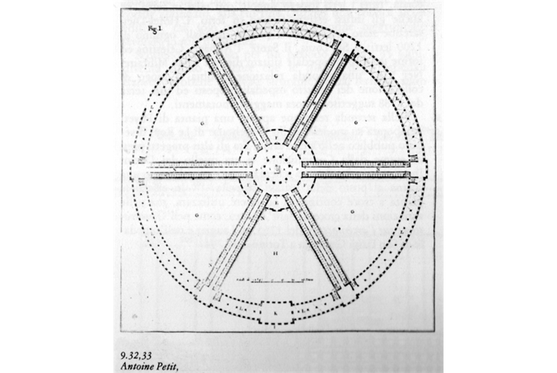 Figg. 54
- Antoine Petit, Projet et m&eacute;moire sur la meilleure mani&egrave;re de construire un h&ocirc;pital de malades, Louis Cellot, 1774. Pianta / Plan.