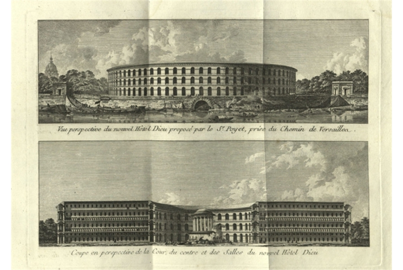 Figg. 57
- Bernard Poyet, Progetto per la ricostruzione dell'Hotel Dieu, Parigi (primo progetto), 1785. Prospetto e sezione / Project for the reconstruction of the Hotel Dieu, Paris (first project). Elevation and section.