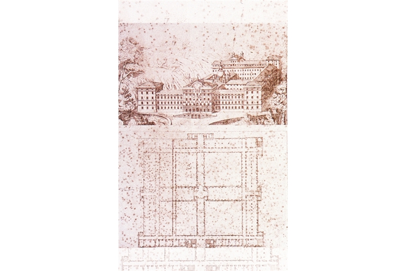 Fig. 64 - Pianta e alzato dell' Albergo dei Poveri (pianta Barabino), 1652 / Plan and elevation of the Albergo dei Poveri (Barabino plan).
