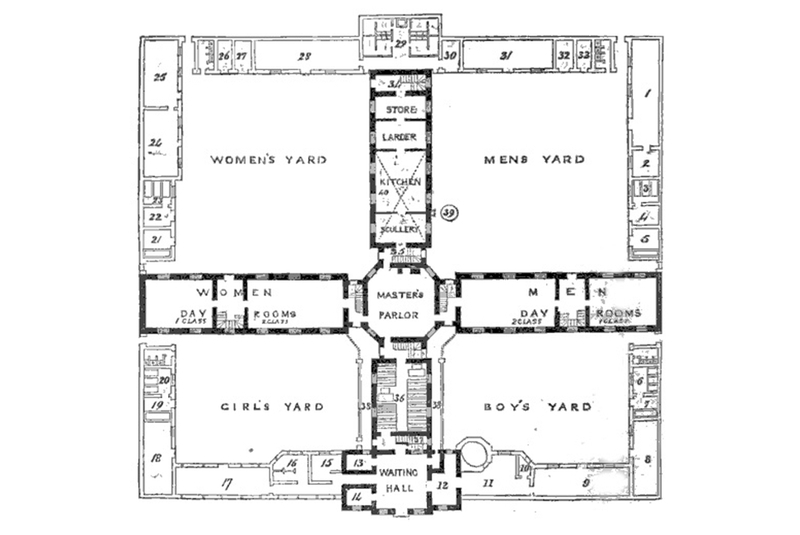 Fig. 68 - Sampson Kempthorne, Progetto per una Workhouse a crociera, 1835. Pianta / Design for a Crosswork Workhouse. Plan.
