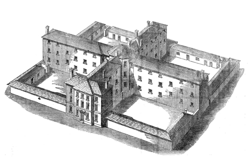 Fig. 69 - Sampson Kempthorne, Progetto per una Workhouse a crociera, 1835. Assonometria / Design for a Crosswork Workhouse. Axonometry.