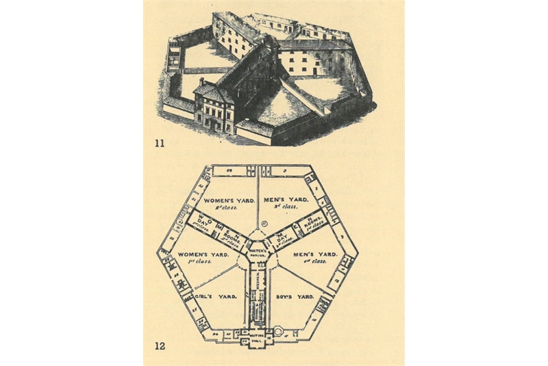 Figg. 71-72
- Sampson Kempthorne, Progetto per una Workhouse esagonale, 1835. Assonometria e pianta / Design for a Hexagonal Workhouse. Axonometry and plan.