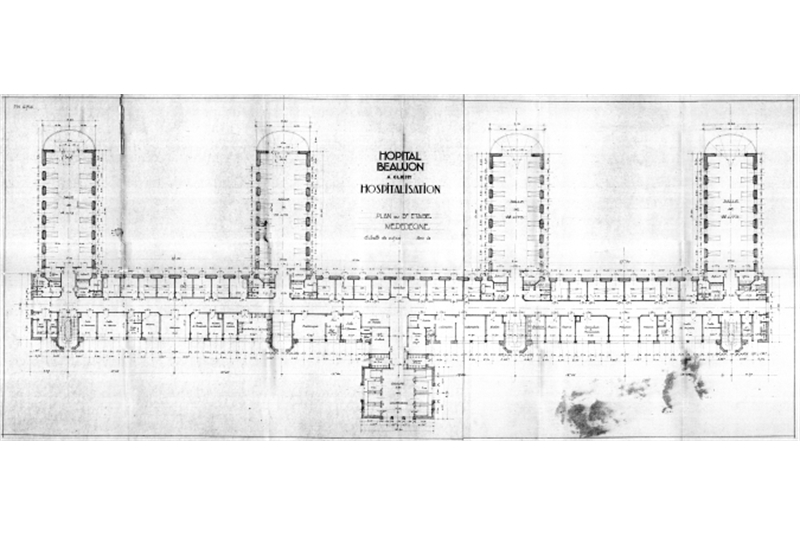 Figg. 81-83
Jean Walter, Urbain Cassan & Louis Victor Plousey, Ospedale Beaujon, Parigi, 1935. Prospettiva e fotografia dall'alto / Beaujon Hospital. Perspective and photography.