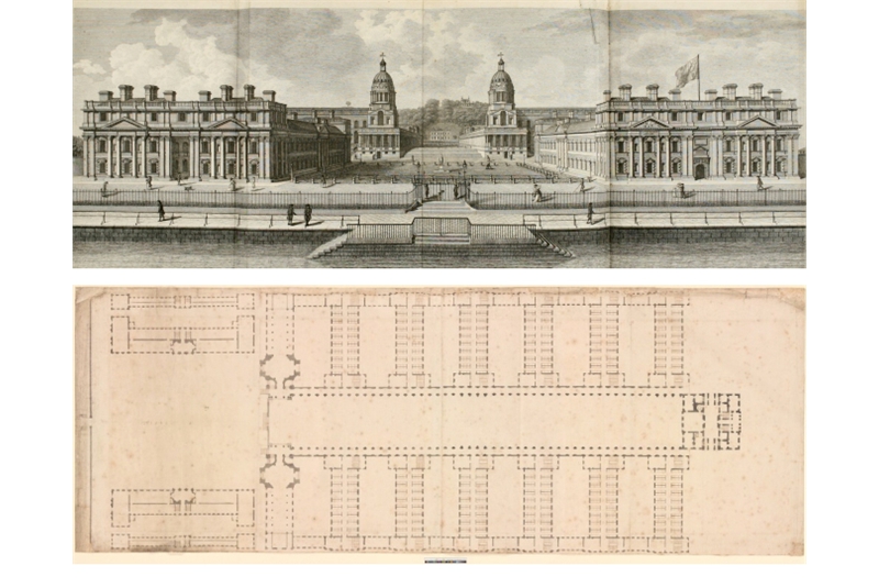 Figg. 47-48
- Cristopher Wren, Royal Naval Hospital, 1694-1702, Greenwich. Pianta e veduta / Plan and View.
