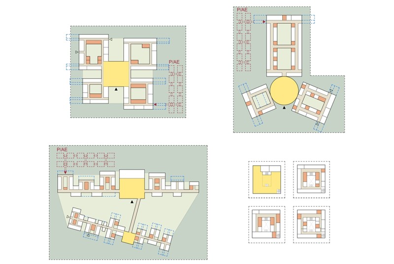 Fig. 4
Studi tipologici modello superHub:
Tipologia a corti specializzate
Tipologia a raggiera
Tipologia aggregato aperto
Tipologia multilivello
&copy;UALab, Ricerca UNIPR