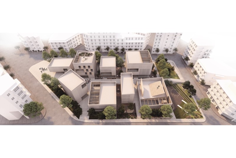 Fig. 4
Fiore Architects, Fiore Architects, Urban complex for welfare services in Thessaloniki, 2019. View of the complex from above (render).
© Fiore Architects Fig. 4
Fiore Architects, Fiore Architects, Urban complex for welfare services in Thessaloniki, 2019. View of the complex from above (render).
© Fiore Architects