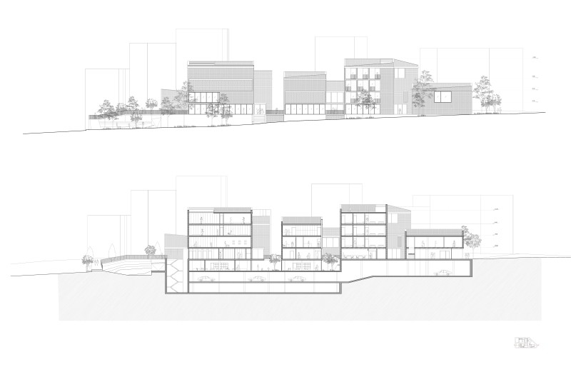 Fig. 7
Fiore Architects, Fiore Architects, Urban complex for welfare services in Thessaloniki, 2019. Elevation and section.
© Fiore Architects
