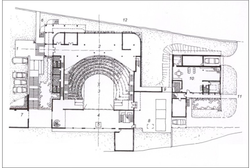 Fig. 3
New Culture Studio (1967) a
Oremeji: pianta dell'anfiteatro e
della residenza annessa.