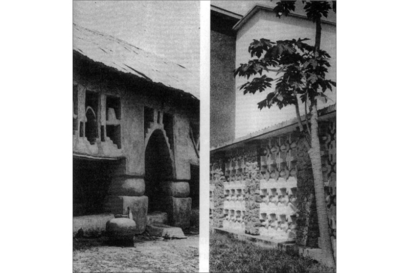 Fig. 2 Ulli Beier, Art in Nigeria (1960):
comparison between the screen
wall of University College (on the
right) in Ibadan and traditional
Yoruba architecture (on the left). Fig. 2 Ulli Beier, Art in Nigeria (1960):
comparison between the screen
wall of University College (on the
right) in Ibadan and traditional
Yoruba architecture (on the left).