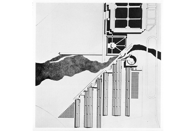 Fig. 21
Costantino Dardi, Giovanni Morabito, Michele Rebora, Ariella Zattera, Veduta prospettica generale e planimetria generale con ombre, Progetto Dom, secondo classificato, Concorso nazionale di idee per il nuovo Cimitero di Modena, 1972
Da &laquo;Controspazio&raquo;, n. 10, ottobre 1972, p. 13. 