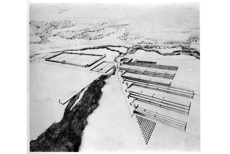 Fig. 20
Costantino Dardi, Giovanni Morabito, Michele Rebora, Ariella Zattera, Veduta prospettica generale e planimetria generale con ombre, Progetto Dom, secondo classificato, Concorso nazionale di idee per il nuovo Cimitero di Modena, 1972
Da &laquo;Controspazio&raquo;, n. 10, ottobre 1972, p. 13. 