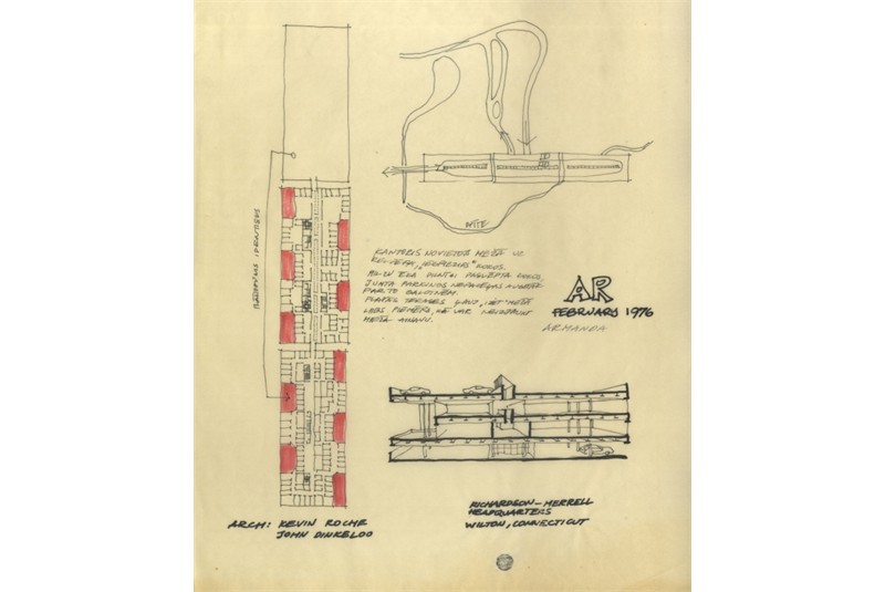 Fig. 4
Immagini tratte da &laquo;Architectural
Review&raquo; ricalcate su carta da
lucido. Il disegno presenta
annotazioni e commenti
esplicativi dell&rsquo;architetto. Fonte:
archivio privato di Māris Kārkliņ&scaron;
e Ināra Kārkliņa.