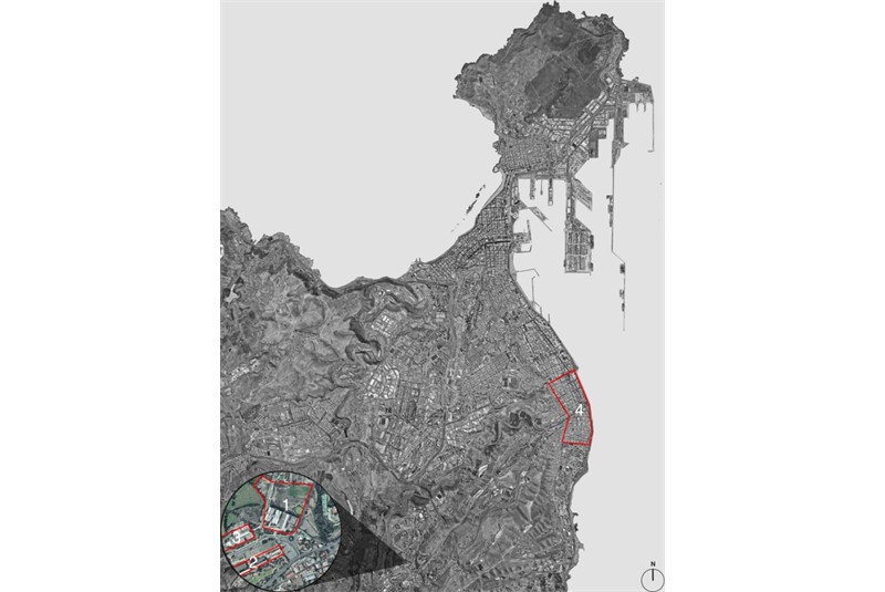 Fig. 2
Estremo nord-est dell&rsquo;isola di
Gran Canaria con un dettaglio
sul campus di Tafira.
1 Area di progetto di Gianugo
Polesello; 2 Seminario Diocesano;
3 Facolt&agrave; di Architettura; 4
Centro storico di Las Palmas de
Gran Canaria.