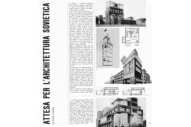 Fig. 27
Guido Canella, "Awaiting Soviet Architecture". Page from &laquo;Casabella-Continuit&agrave;&raquo;, n. 262, April 1962, p. 5.