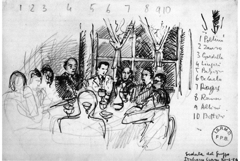 Fig. 19
The meeting of the Italian CIAM Group on April 30, 1954, in a drawing by Piero Bottoni. (G. Consonni, L. Meneghetti, G. Tonon (eds.), Piero Bottoni opera completa, Fabbri Editori, Milan 1990, p. 415).