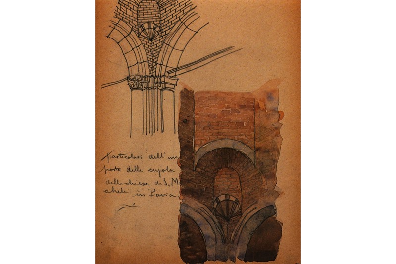 Fig. 14
Piero Bottoni, Details of the base of the dome of the church of San Michele in Pavia, sketches from a study notebook, pencil and watercolor on paper, 20x16 cm. (G. Consonni, L. Meneghetti, G. Tonon (eds.), Piero Bottoni opera completa, Fabbri Editori, Milan 1990, p. 33).
