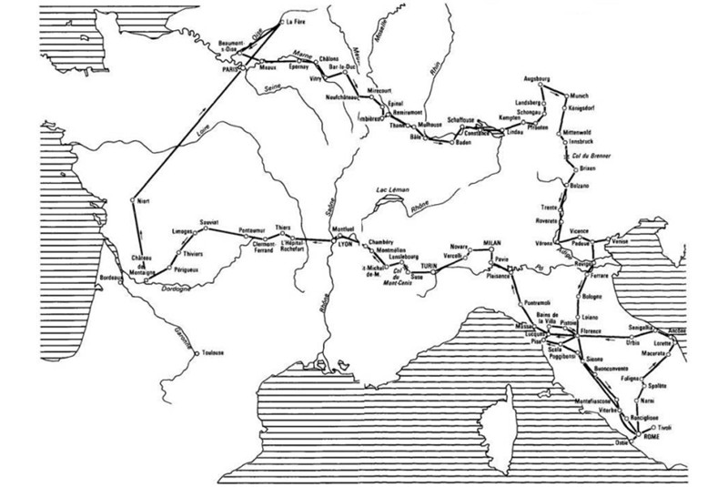 Fig. 2 - Itinerario del viaggio in Italia intrapreso
da Michel de Montaigne
nel 1850-1851 / Fig. 2
Itinerary of Michel de Montaigne&rsquo;s
journey through Italy in
1850-1851 (de Montaigne
1983).