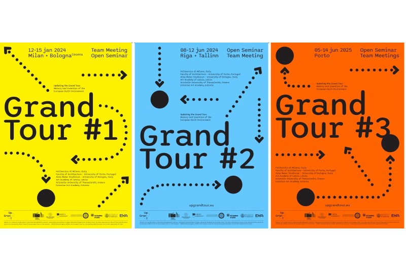 Fig. 5 - Locandine dei Gran Tour #1,
#2 e #3 organizzati nell&rsquo;ambito
del progetto UpGranT (progetto
grafico Marta Ramos) / Posters of Grand Tour #1, #2 and
#3 (graphic design by Marta Ramos).