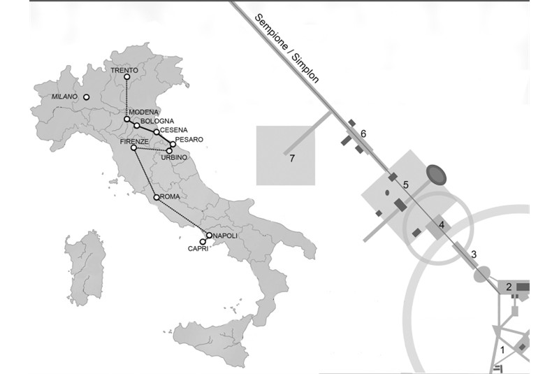 Fig. 5 - Mappe del GT#1 (12-15 gennaio
2024), che &egrave; cominciato con un
itinerario da Cesena a Urbino,
alternando opere di architettura
moderna e visite ai centri
storici, concludendosi con una
&ldquo;sezione&rdquo; sul centro di Milano / Maps of GT#1 (12-15 January
2024), which began with an itinerary
from Cesena to Urbino,
alternating modern architecture
and visits to historic centres,
concluding with a &ldquo;section&rdquo; on
the centre of Milan.