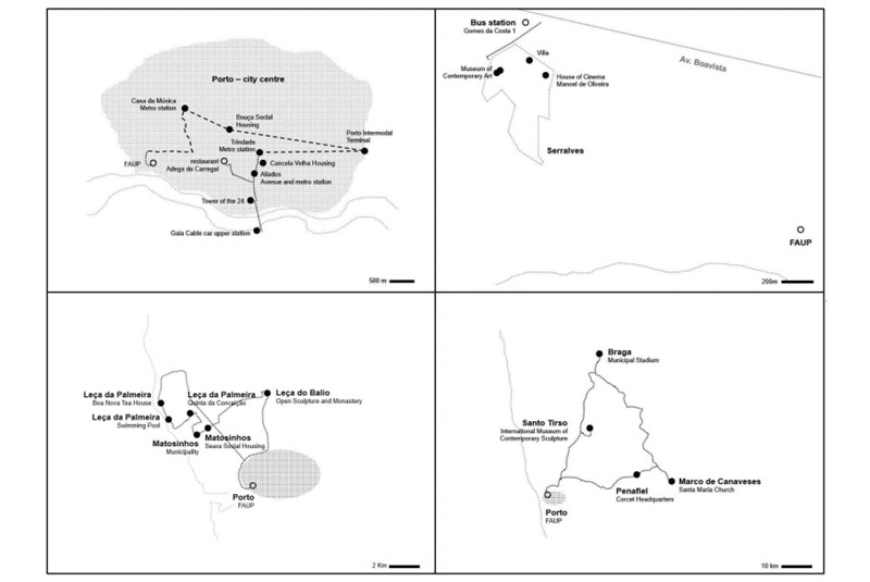 Fig. 8 - Mappe dei quattro itinerari del
GT#3 (5-14 giugno 2025), in
senso antiorario: Porto e le sue
polarit&agrave; urbane, l&rsquo;intorno della
Fondazione Serralves, i dintorni
della citt&agrave;, il nord del Portogallo.
Il GT#3 ha coinvolto anche
studenti dalle sedi partner. / Maps of the four GT#3 itineraries
(June 5-14, 2025), in a counterclockwise
direction: Porto and
its urban centers, the Serralves
Foundation area, the surrounding
areas, and northern Portugal.
GT#3 also involved students
from partner institutions.