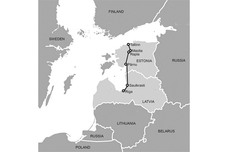 Fig. 7 - Mappa del GT#2 da Riga a
Tallinn (8-12 giugno 2024),
attraverso una serie di tappe
intermedie per visitare edifici
realizzati dal periodo tra le due
guerre a quello successivo
all&rsquo;indipendenza / Map of GT#2 from Riga to Tallinn
(8-12 June 2024), via a series of
intermediate stops to visit buildings
constructed during a period
spanning from the interwar
years to the post-independence
era.