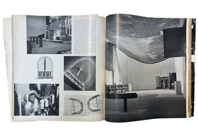 Fig. 15a - Doppie pagine dalla rivista Casabella
Continuit&agrave; impaginate
da Gae Aulenti. A sinistra: articolo
di Le Corbusier La chiesa
di Notre Dame du Haut a Ronchamp
n. 207, 1955. A destra:
immagini montate dal reportage
di viaggio di Sergio Asti Civilt&agrave;
del Giappone, n. 273, 1963.