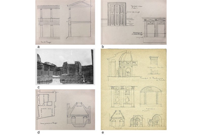 Fig. 6
Foro e Terme del Foro. a), b),
d) Schizzi di G. Pollini (Fondo
Mart-Taccuino 9), c) Tempio di
Vespasiano al Foro (APB-Fondo
fotografico); e) Schizzi di L. Figini
(Archivio AAF). Fig. 6
Foro e Terme del Foro. a), b),
d) Schizzi di G. Pollini (Fondo
Mart-Taccuino 9), c) Tempio di
Vespasiano al Foro (APB-Fondo
fotografico); e) Schizzi di L. Figini
(Archivio AAF).