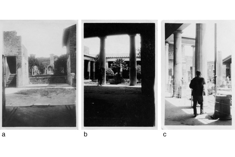 Fig. 8
Fondo fotografico P. Bottoni
(APB), a) Domus Marco
Lucrezio, b) (forse) Domus Nozze
d’Argento, sul retro: “Interno di
una casa in fondo Pacanowsky.
Foto fatta nell’atrio verso il
tablinum (dove è Pacanowsky)
in fondo il peristilio”; c) Domus
dei Vettii. Fig. 8
Fondo fotografico P. Bottoni
(APB), a) Domus Marco
Lucrezio, b) (forse) Domus Nozze
d’Argento, sul retro: “Interno di
una casa in fondo Pacanowsky.
Foto fatta nell’atrio verso il
tablinum (dove è Pacanowsky)
in fondo il peristilio”; c) Domus
dei Vettii.