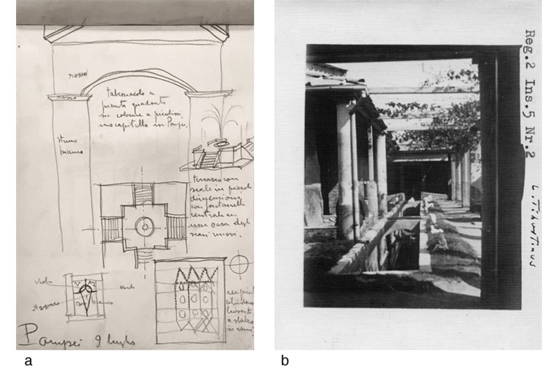 Fig. 13
Domus di Loreius Tiburtinus,
Regio II, ins. 5.2. a) Schizzi
dal taccuino di P. Bottoni (APB
-Politecnico di Milano); b)
Immagine della casa negli anni
20 (Archivio Storico PA-Pompei
- Pompeiisites). Fig. 13
Domus di Loreius Tiburtinus,
Regio II, ins. 5.2. a) Schizzi
dal taccuino di P. Bottoni (APB
-Politecnico di Milano); b)
Immagine della casa negli anni
20 (Archivio Storico PA-Pompei
- Pompeiisites).