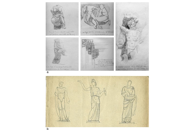 Fig. 3 
In the two-year preparatory course, student architects trained by redrawing artefacts, plastic and ornamental elements from Egyptian, Greek, and Roman architecture: a) P. Bottoni, study sketches (APB, Notebook n.15, 1921-1922); L.L. Figini, A Dioscurus from the Capitoline Hill and two statues from Palazzo Barberini, (AAF Milano, Notebook, p. 4).