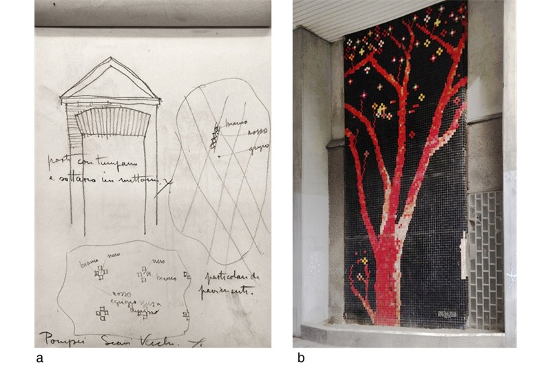 Fig. 4
During his visit to the excavations at Pompeii, P. Bottoni discovered the art of mosaic, noting (APB, Notebook n.9, p.13) its geometric composition, chromatic effects, and architectural relationships, which he would revisit many years later in the decorations of the Sesto San Giovanni civic centre.