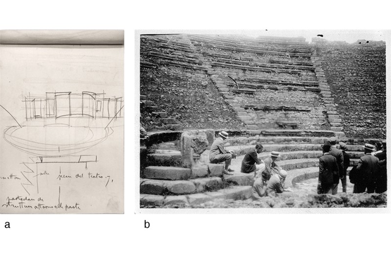 Fig. 5 
a) Sketch by P. Bottoni depicting the stage and doors of the theatre in Pompeii and the detail of the structure around the doors (&laquo;la scena e le porte del teatro di Pompei e il particolare di struttura attorno alle porte&raquo;), APB, Notebook n.9, p. 9); b) Students sketching the theatre stage at Pompeii, under the gaze of Prof. C. Fratino (APB, photographic collection).